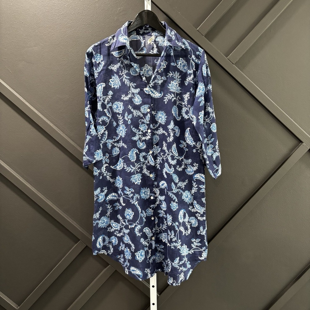 Debbie Katz South Beach Women's Size S Navy Blue Floral Paisley Button Front